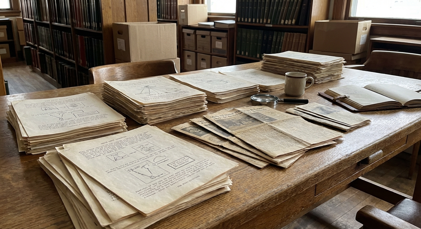 Table with printed chain‑letter leaflets and news clippings laid out for archival examination.