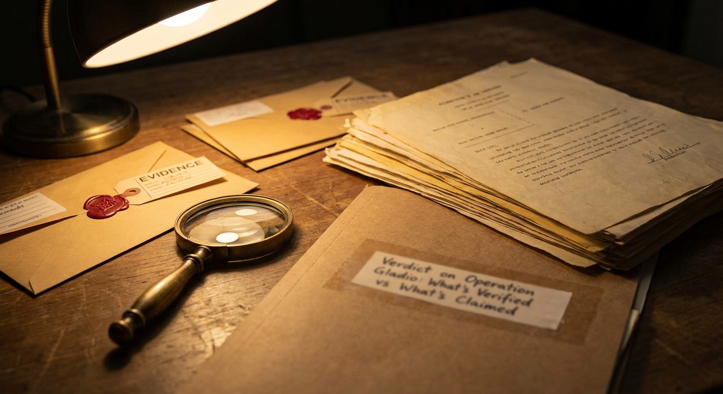 Close-up of a desk with sealed evidence envelopes, magnifier, and aged court papers under lamp light.