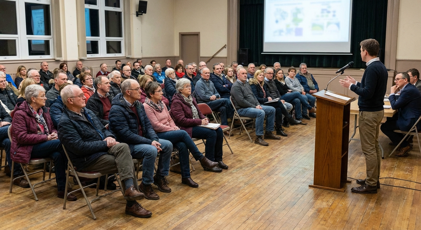 Community meeting with residents and a presenter discussing local technology concerns around smart meter deployments.
