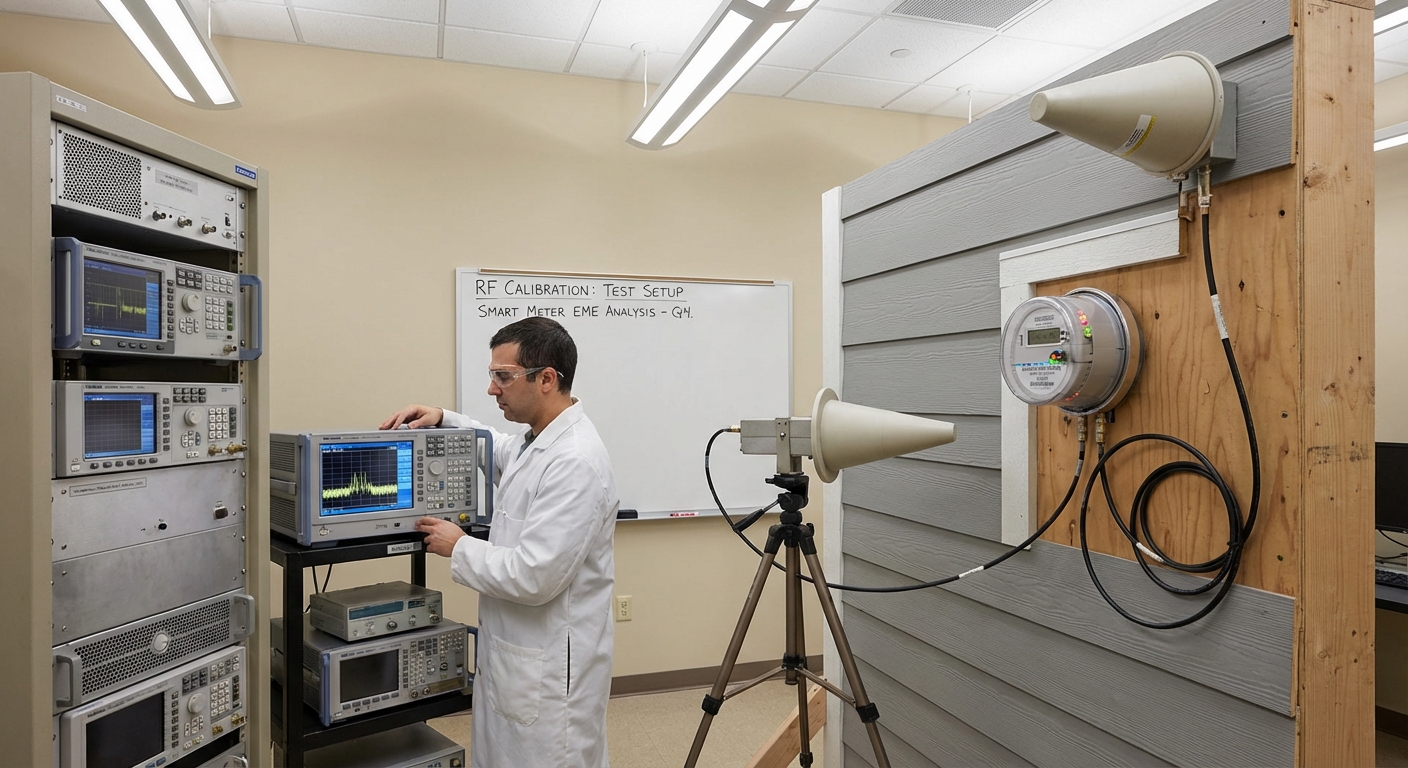 Lab test bench with RF measurement instruments and a residential meter test mock-up.