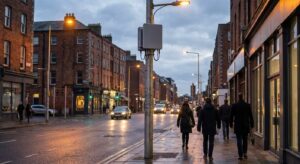 Urban street with a 5G small cell antenna on a lamppost, neutral documentary composition.