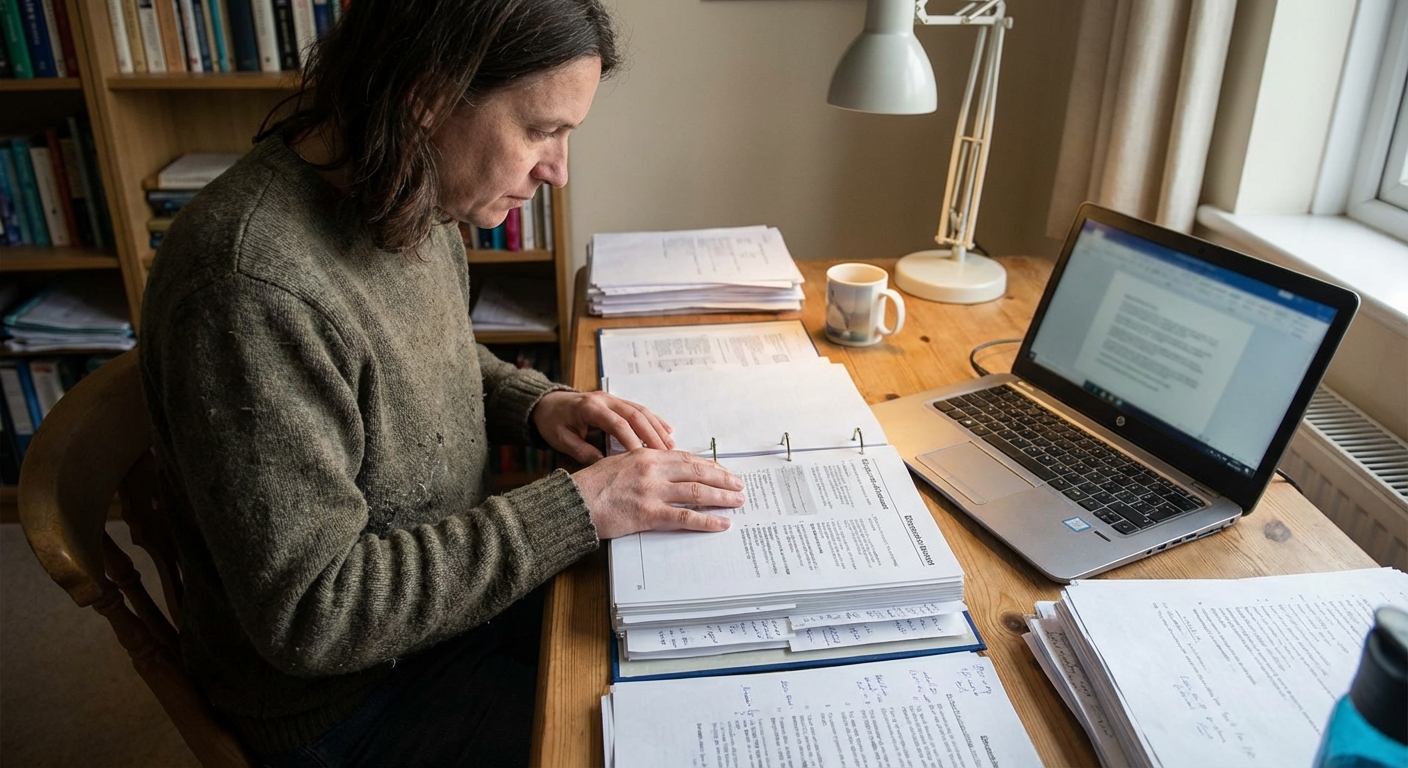 Researcher examining diagnostic manuals and disclosure paperwork on a wood desk, clinical office lighting.