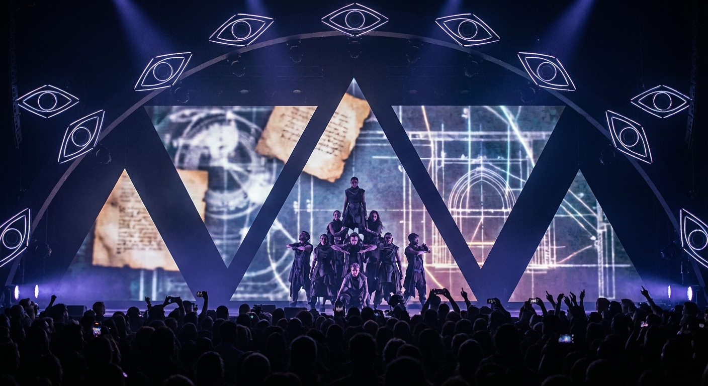 Audience view of dancers arranged in a pyramid formation on an illuminated concert stage.