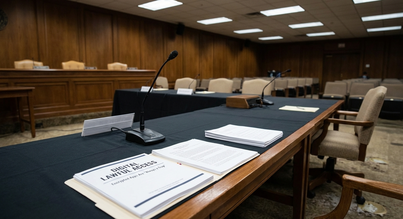 An empty legislative hearing table with microphone and briefing packet, neutral newsroom composition.