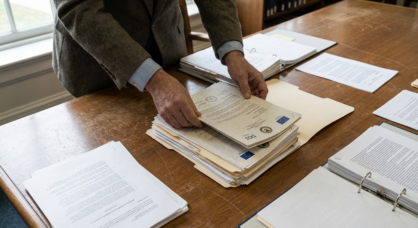 Archivist or journalist sorting official press releases and legal documents on a wooden table.
