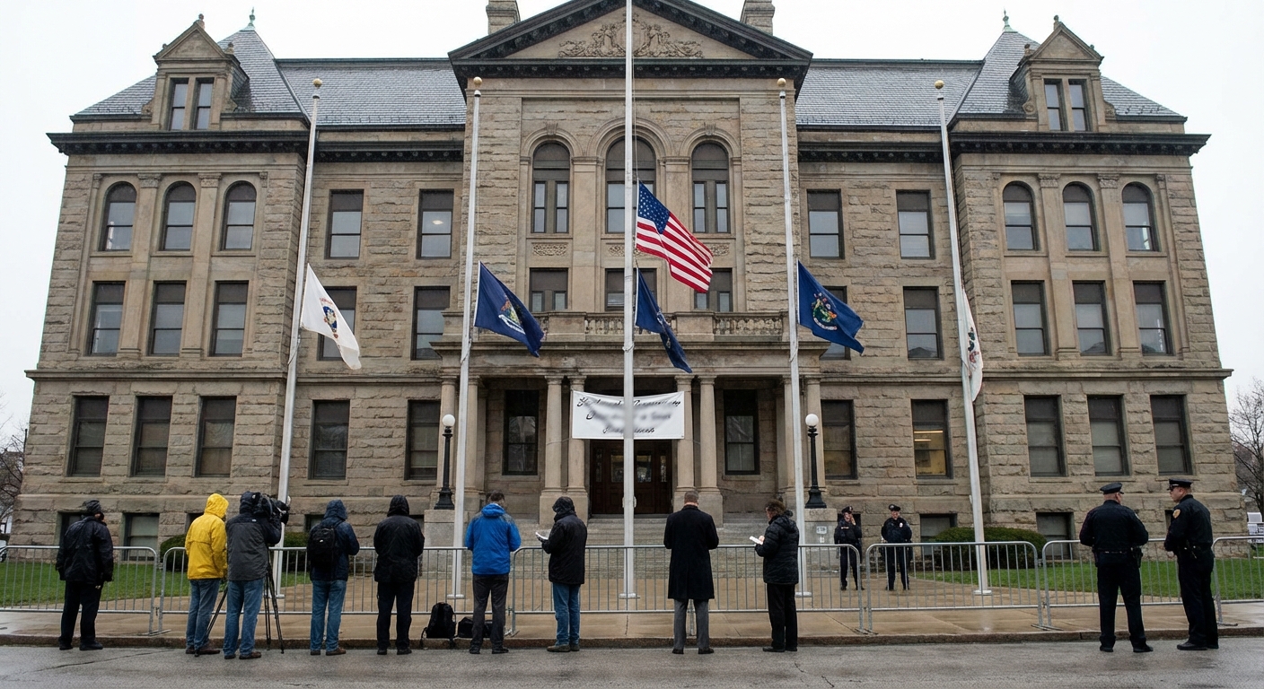 Courthouse façade and flags with neutral onlookers, documentary tone, no text or logos.