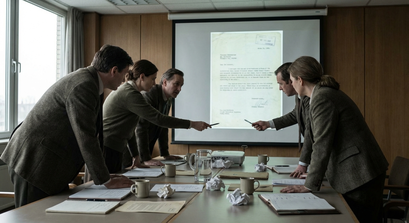 Historians reviewing scanned declassified documents projected on a screen during a discussion.