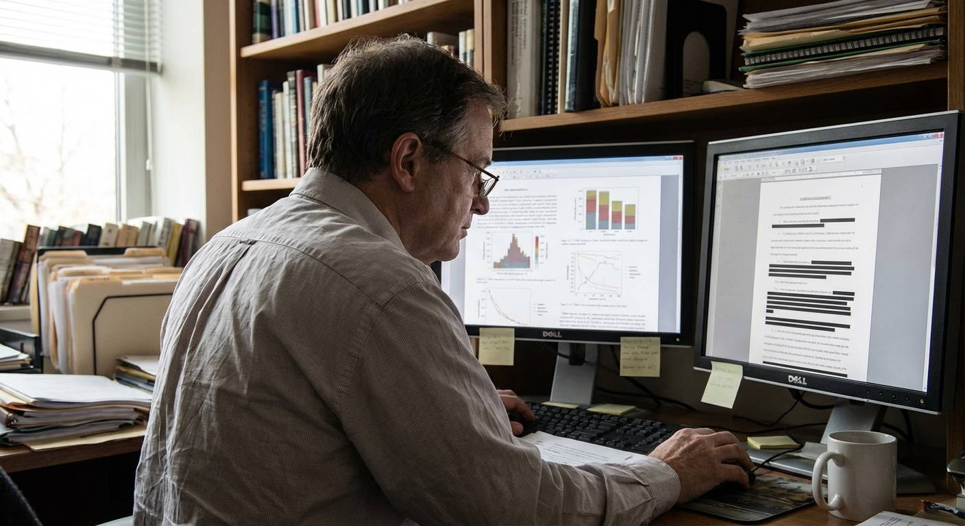 Analyst reviewing audit reports and charts on a monitor in an office setting.