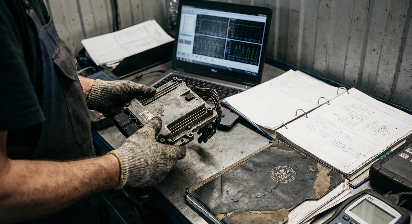 Engineer inspecting an engine control unit on a workbench with laptop and papers, neutral workshop setting.