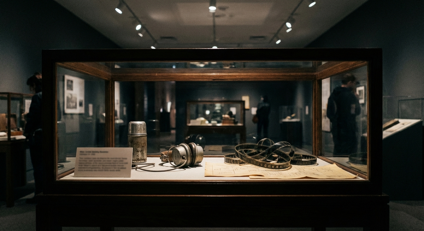Museum exhibit case with 1960s-era artifacts and a blurred placard, suggesting historical context for the claim.