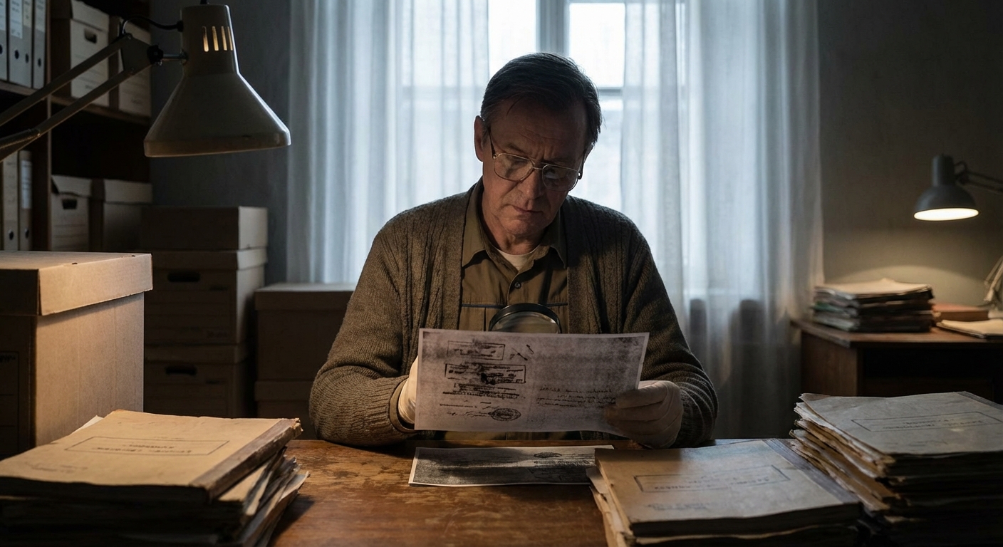 Archivist examining a photocopy of an old autopsy report amid folders and low office lighting.
