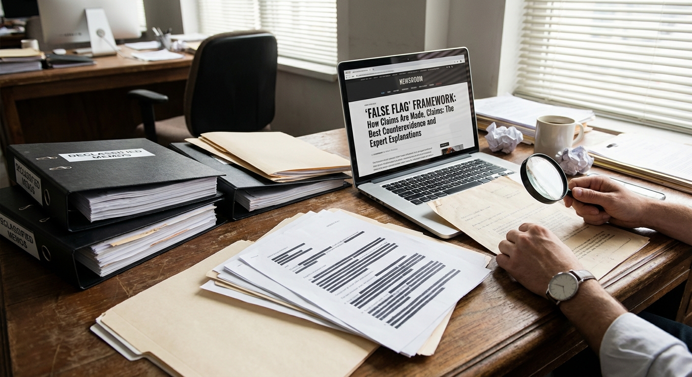 A researcher’s desk with documents and a laptop in natural light, staged for investigative analysis.