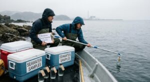 Field technicians on a small boat collecting seawater samples with white coolers and sampling bottles, shoreline in background.