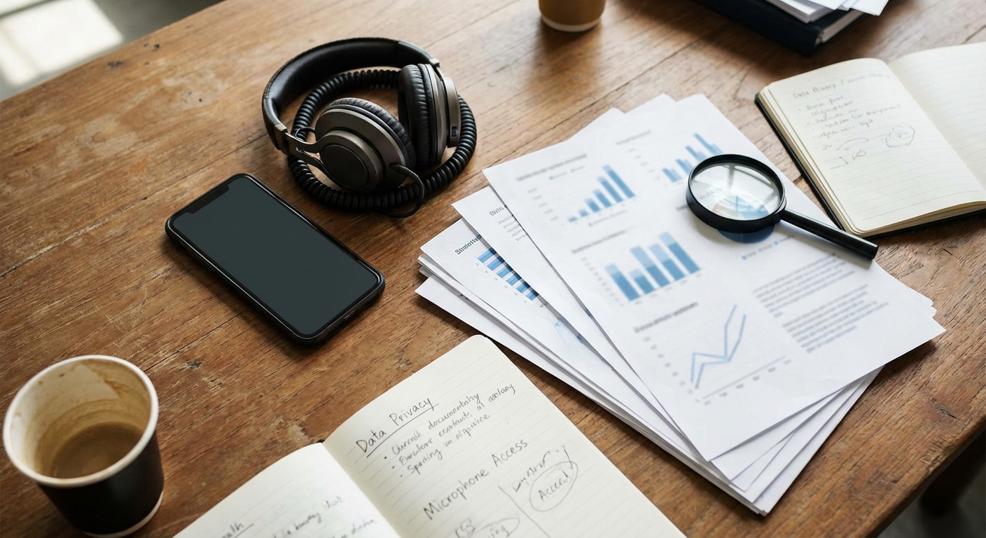 Office desk with smartphone, earbuds, and a blurred pitch-deck printout to suggest investigative reporting context.