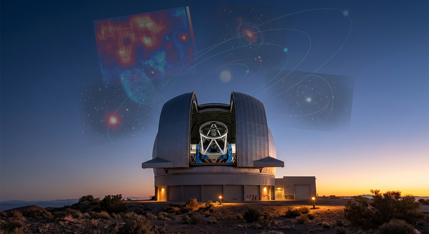 Observatory dome and telescope at dusk, representing large sky surveys.