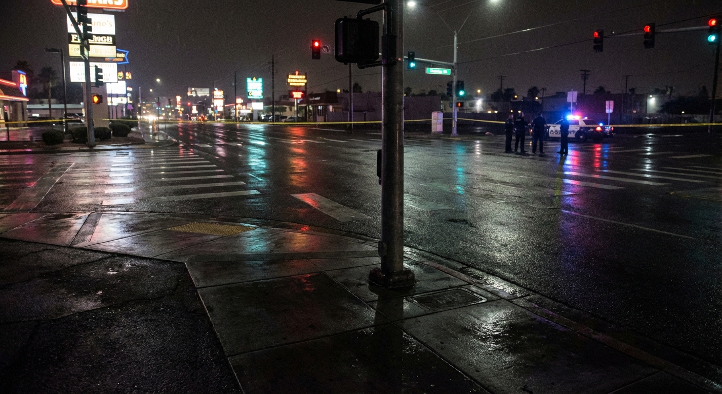 Empty Las Vegas intersection at night with distant police presence, documentary atmosphere.