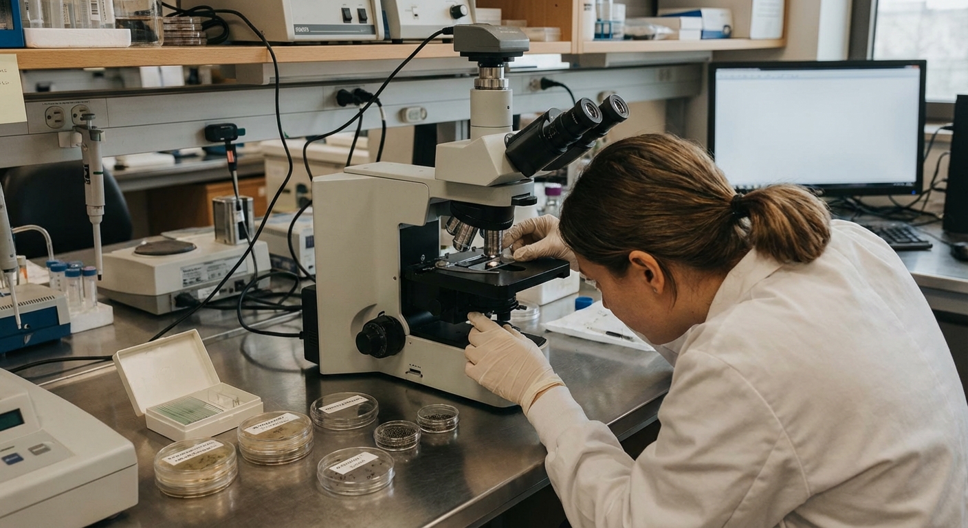 Laboratory scene with a researcher viewing geological microsamples under a microscope, neutral tones.