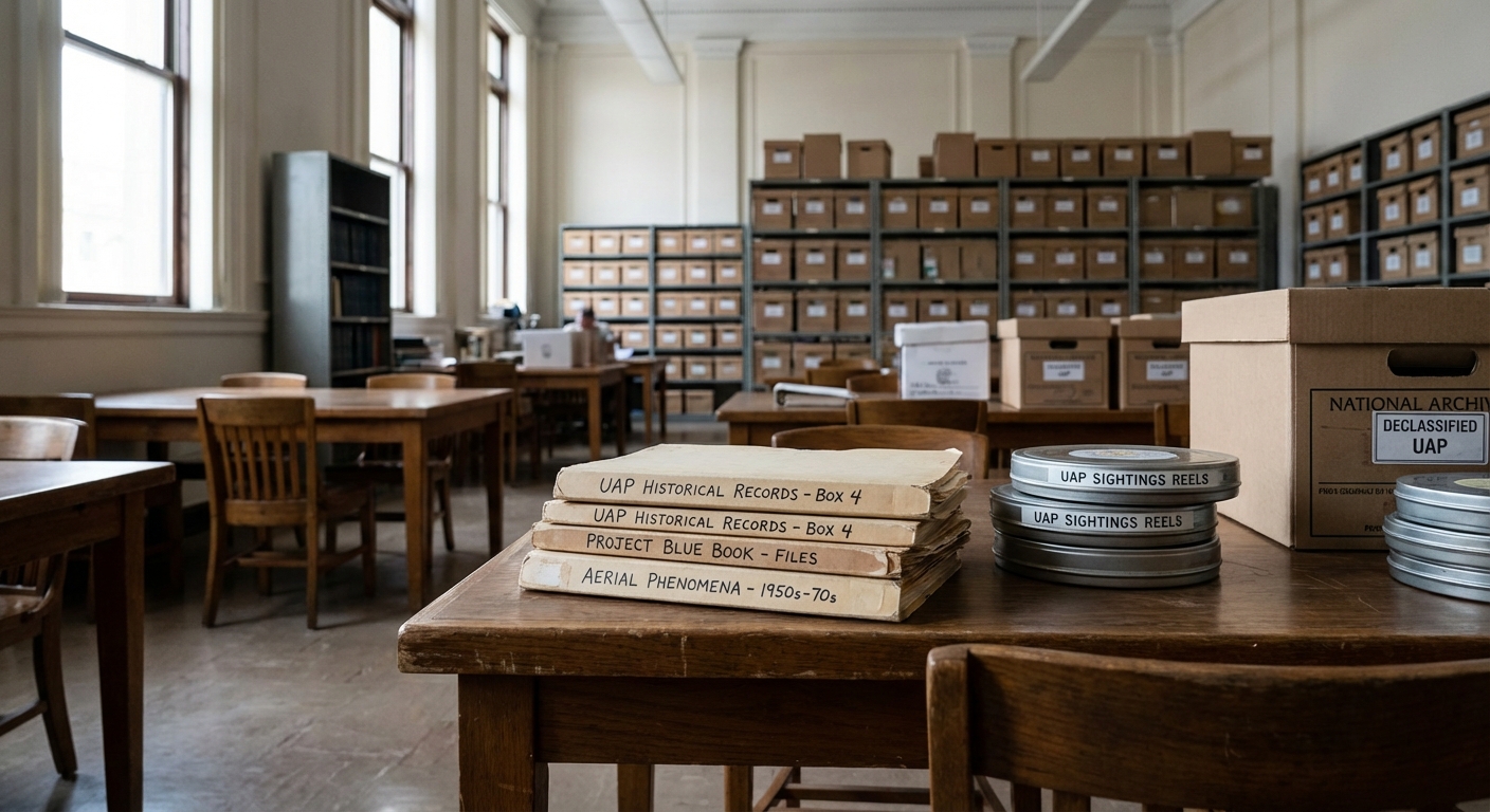 Archival reading room with folders and microfilm reels for declassified UAP records.