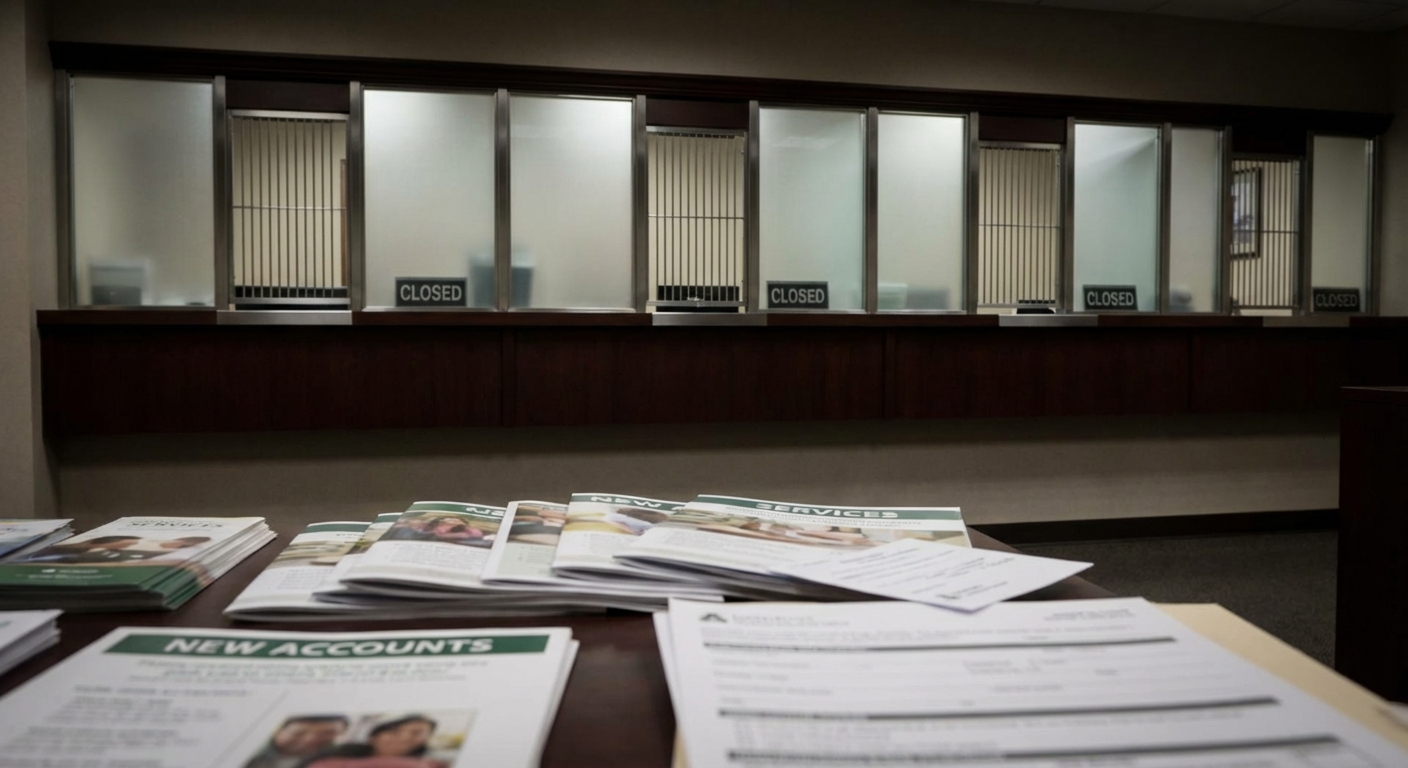 Interior of a bank branch showing closed teller windows, shallow depth of field.