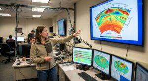 Geophysicist in a lab pointing to seismic tomography visuals showing Earth's layered interior.
