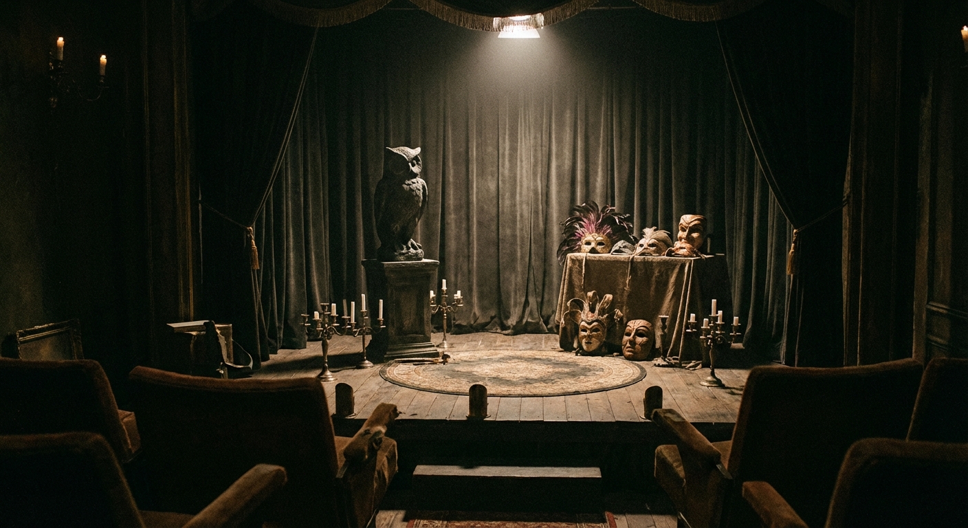 Empty theater stage with symbolic props — owl statue and masks — lit dramatically for a performance.