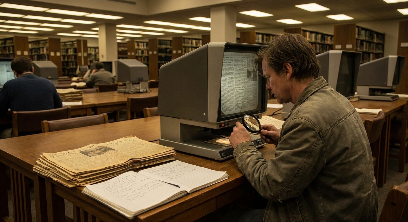 Archivist or researcher taking notes at a microfilm reader in a library, focused on primary-source verification.