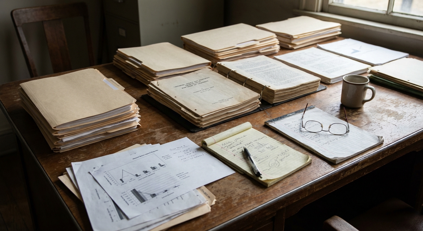 Archival reports and files on a table with glasses and a notepad, documentary style.