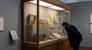 Museum-style display case with historical packaging and posters, neutrally lit and cataloged.