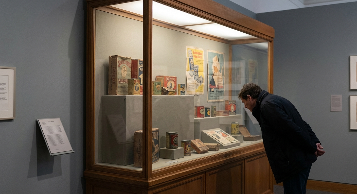 Museum-style display case with historical packaging and posters, neutrally lit and cataloged.