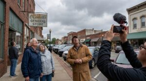 Residents in a small town point and record a cloudy sky during an unexplained noise event.