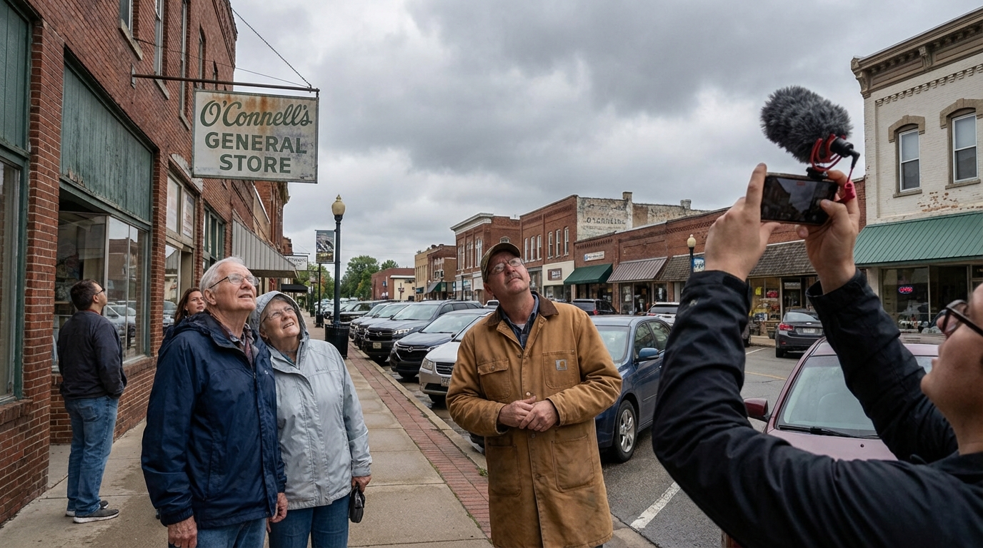 Residents in a small town point and record a cloudy sky during an unexplained noise event.