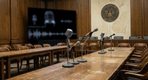A neutral shot of a hearing room with microphones, nameplates removed, and empty audience seating.