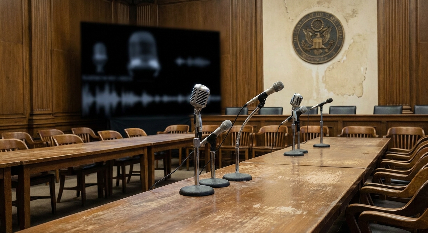 A neutral shot of a hearing room with microphones, nameplates removed, and empty audience seating.