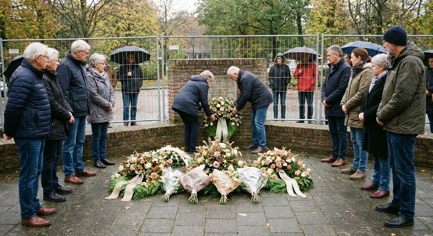 A quiet outdoor remembrance ceremony with a few attendees and floral tributes, shot in natural light.