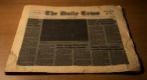 Close-up of an aged July 1972 newspaper front page on a table, implying historical press exposure.