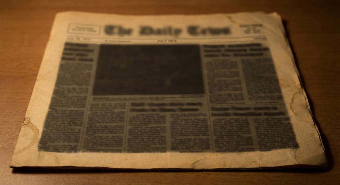 Close-up of an aged July 1972 newspaper front page on a table, implying historical press exposure.