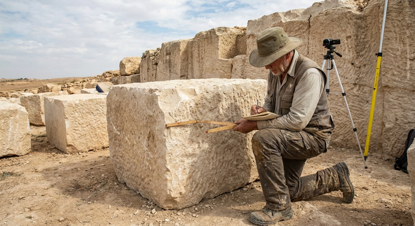 Archaeologist records measurements at a limestone quarry face beside large worked blocks.