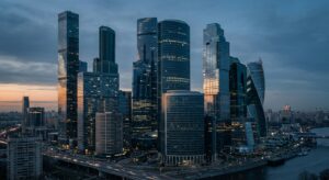 Corporate office towers at dusk, suggesting major technology companies without branding.