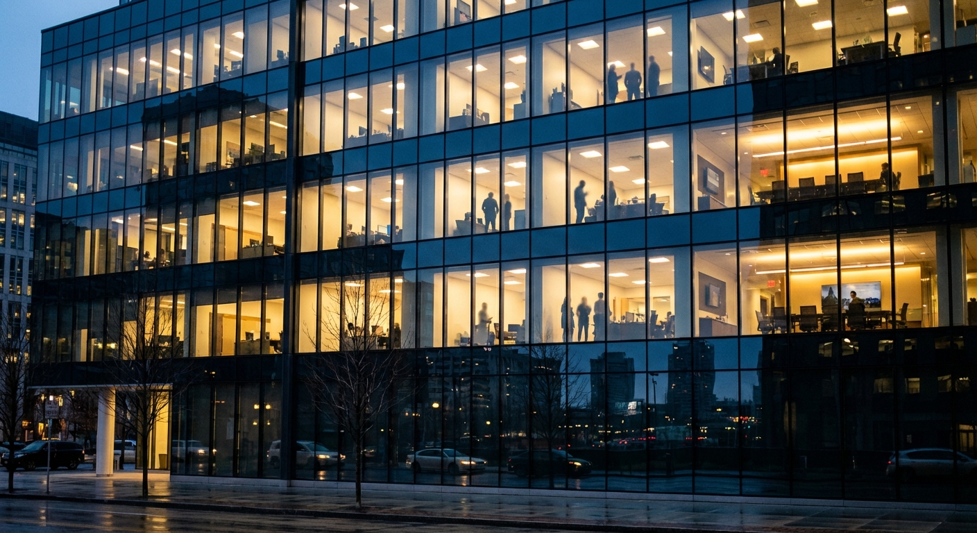 Corporate office at dusk with silhouettes visible through reflective glass facade.