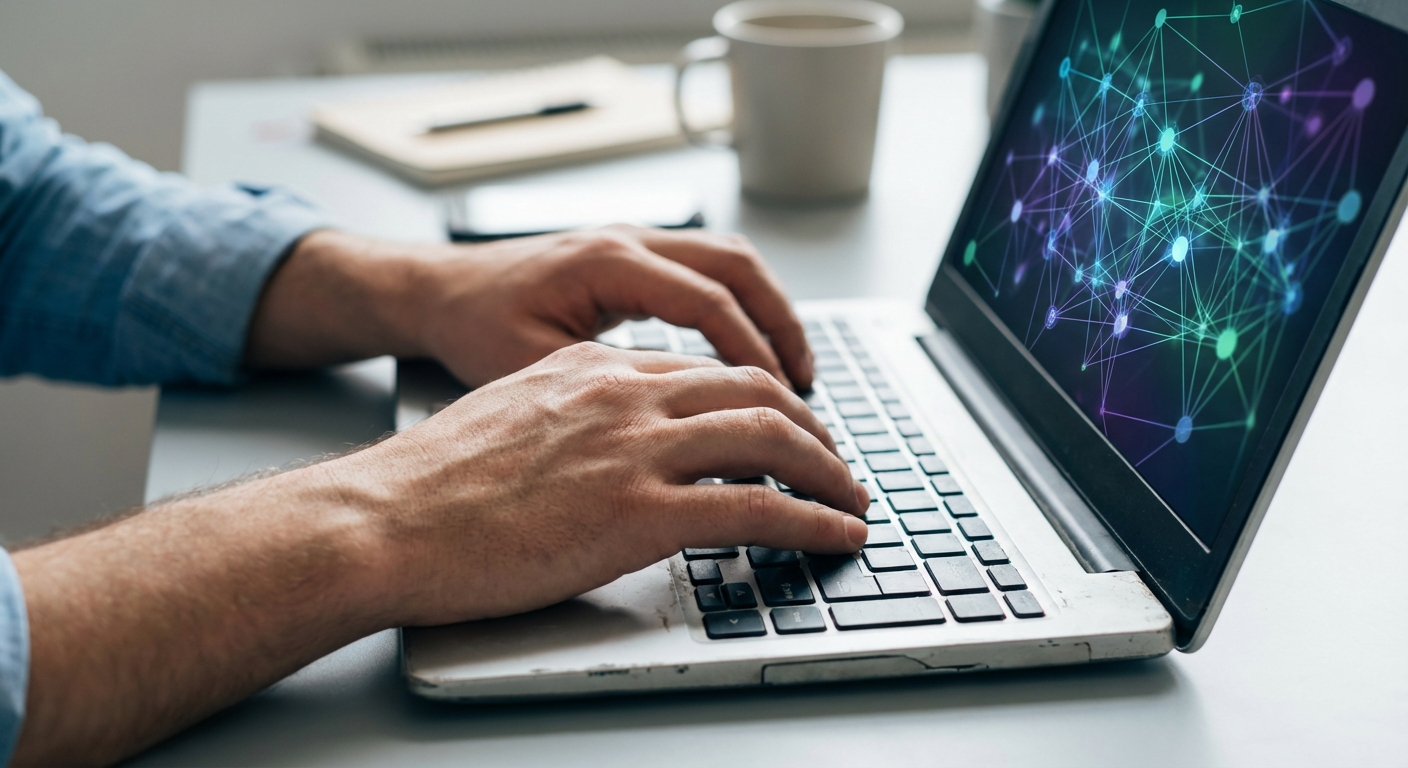 Close-up of hands on laptop with secondary monitor showing abstract node visuals, investigative tech scene.
