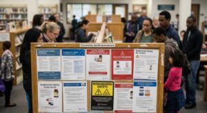 Community noticeboard with printed public-health flyers on supplement safety, people reading nearby.