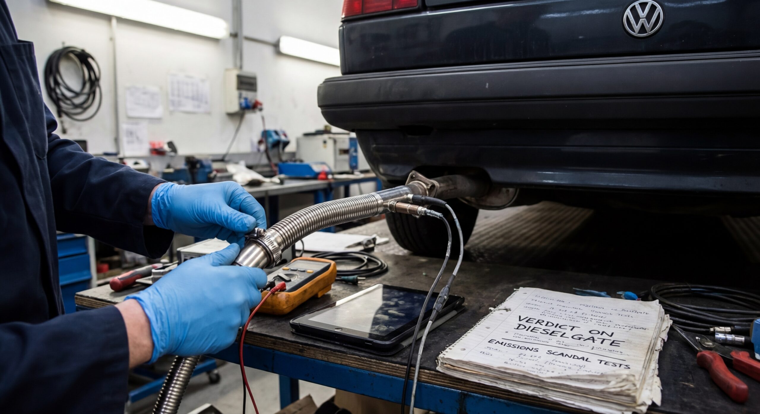 Technician fitting an emissions probe to a tailpipe in a lab, neutral lighting and composition.