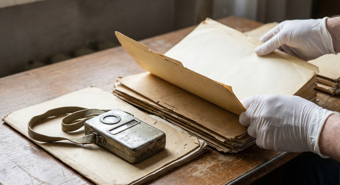 Hands in gloves examining an old forensic folder and a handheld dosimeter on a table, archival setting.