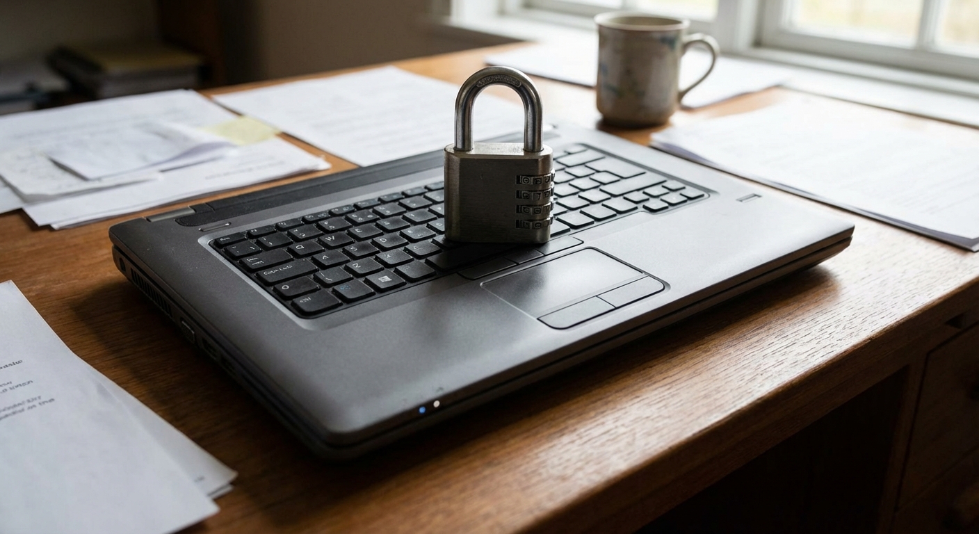 A closed laptop with a small physical padlock on the keyboard, symbolic shot about digital security.