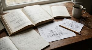 Open physics textbook and graphs on a desk, close-up showing scientific study context.