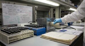Laboratory instruments and sample vials used for measuring low-level radioactivity on a technician's bench.