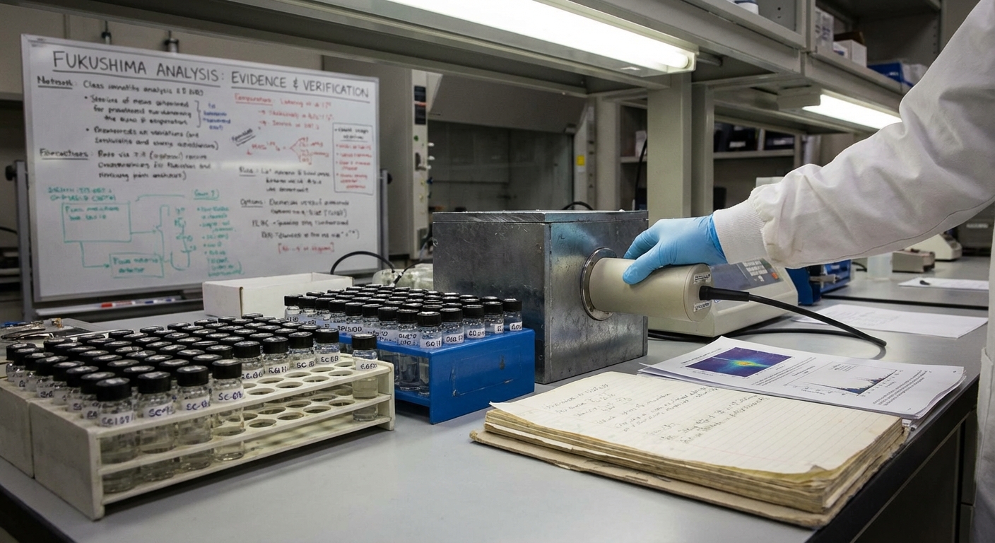 Laboratory instruments and sample vials used for measuring low-level radioactivity on a technician's bench.