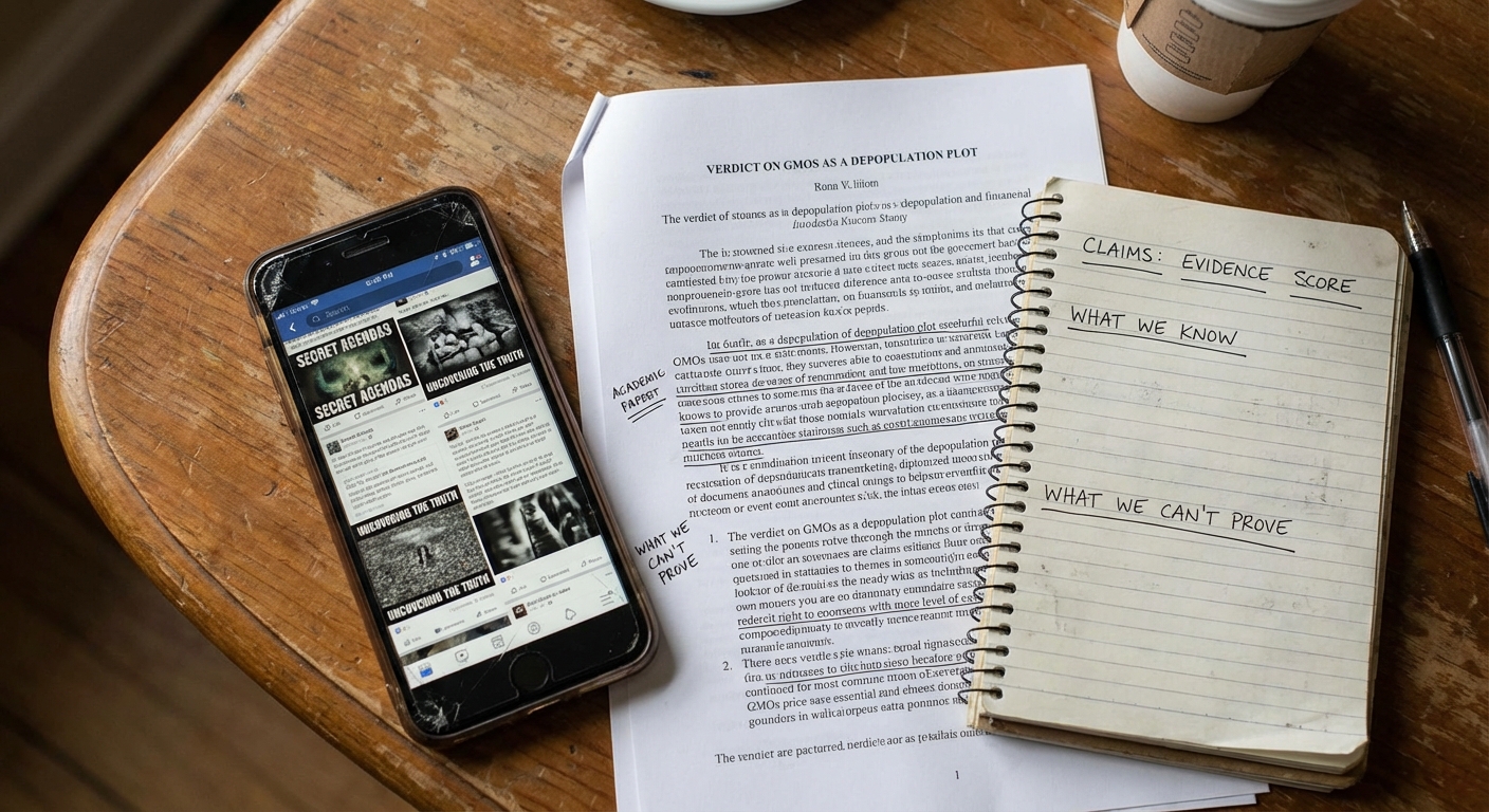 Social-media feed on a phone beside academic papers and notes documenting online misinformation trends.