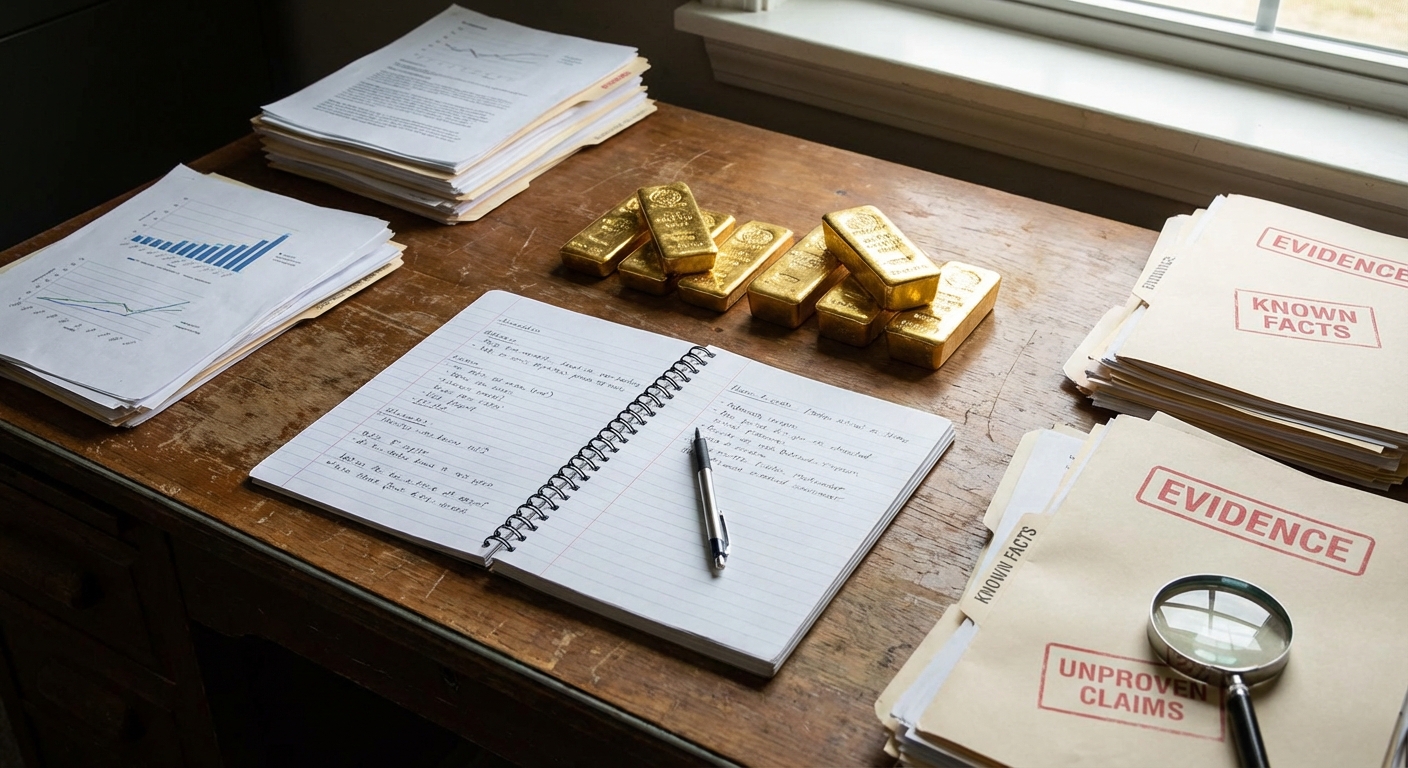 Gold bars next to an open notepad and pen on a desk, suggesting investigation of precious-metal claims.