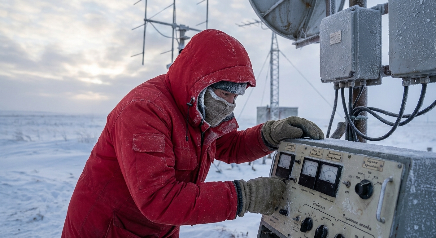 Researcher in cold-weather gear inspecting field instrumentation at an Arctic research site.